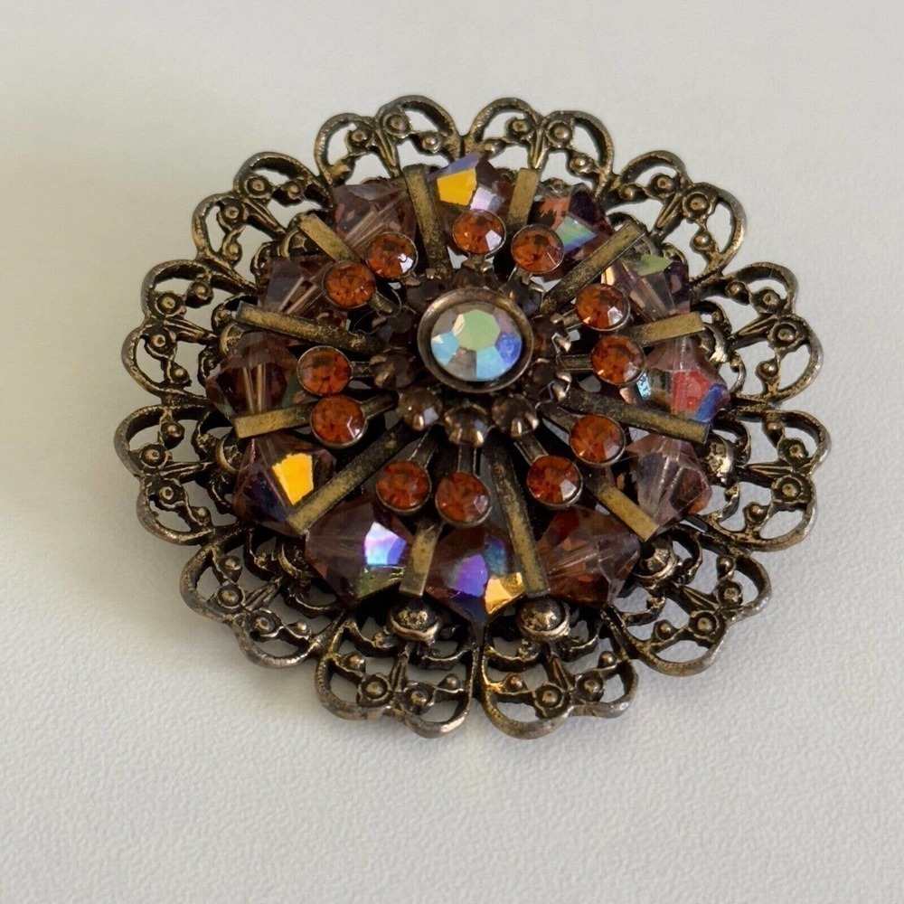 Vintage Weiss Signed Amber Orange AB Rhinestone Crystal Statement Brooch Pin